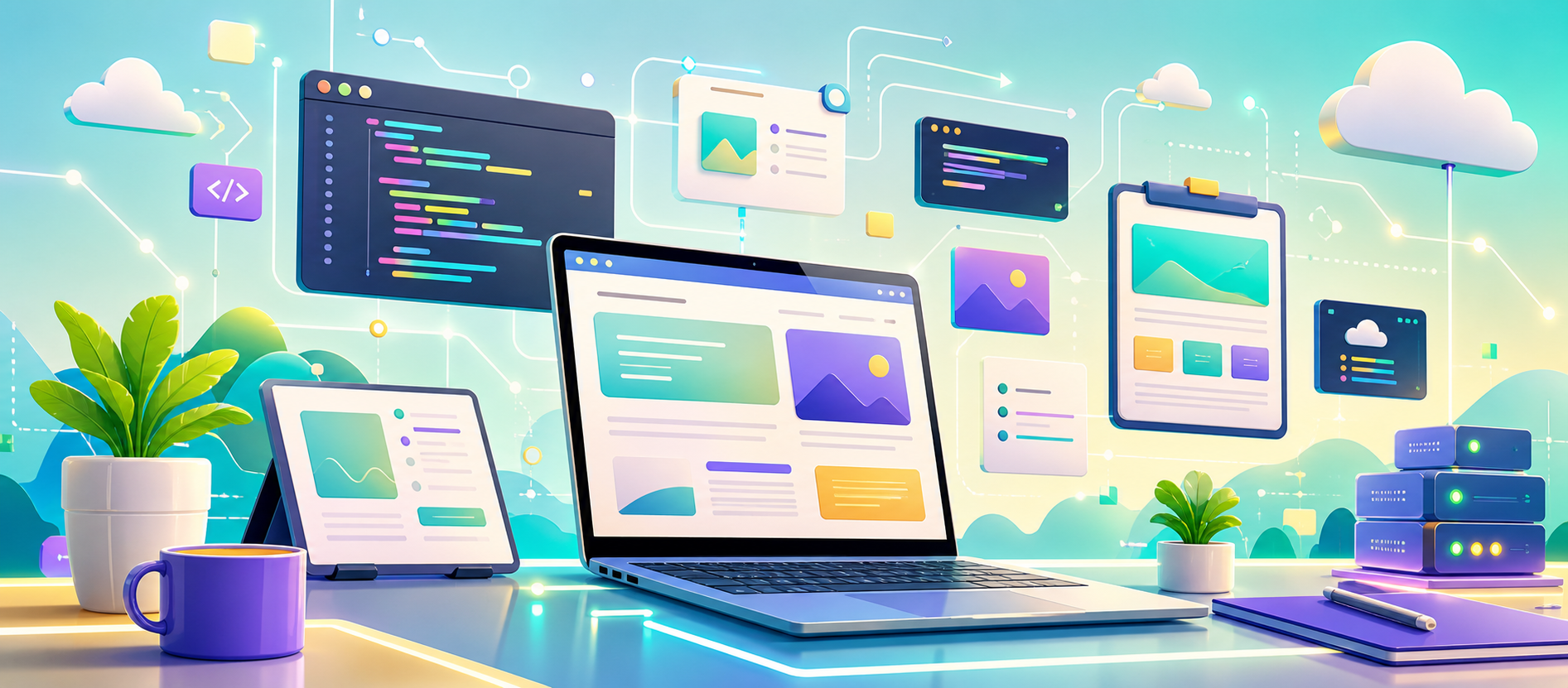 Bright technology illustration with web dashboards, code panels, cloud icons, and servers