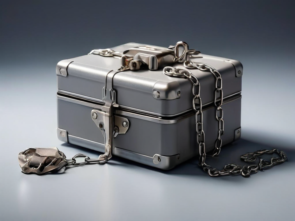 A sealed storage case with a short metal chain and separate small blocks on a matte gray surface, symbolizing organized file.