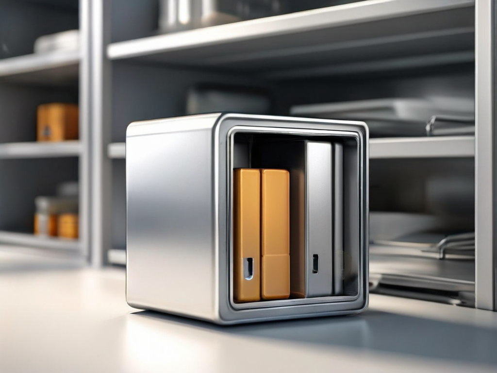Compact storage block with a single marked slot among brushed metal compartments in morning daylight.