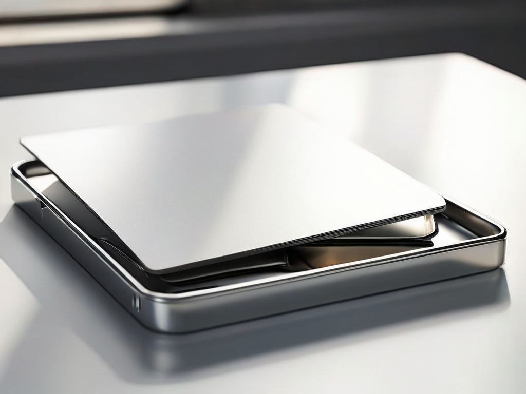 Blank divider cards and a compact storage tray on brushed metal, morning light, organized travel expense categories.