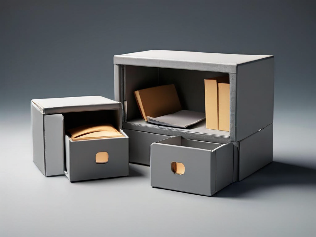 Three blank archive boxes and compartment inserts on a matte gray surface, soft side light casting clean shadows.